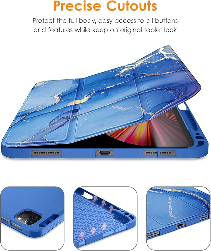 DTTO for iPad Pro 11 inch 4th/3rd/2nd/1st Generation 2022/2021/2020/2018 Case, Smart Slim Trifold Stand Soft TPU Back Cover with Built-in Pencil Holder, Also Fit iPad Air 5/4,Ocean Marble