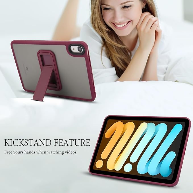 Shockproof Case for iPad mini 7th/6th Generation (2024/2021 8.3-inch), Kickstand Slim Fit Rugged Bumper Lightweight Anti-Scratch Bumper Case Cover for Women Men, WineRed
