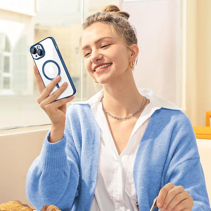 Hython Magnetic Clear for iPhone 15 Plus Case with Camera Lens Protector [Compatible with MagSafe] Luxury Plating Edge Slim Soft TPU Cover Protective Phone Case for iPhone 15 Plus, Matte Deep Blue