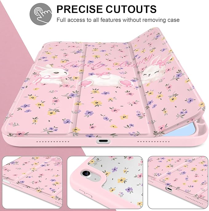 Case for iPad Air 11 inch M4 2026 M3 2025 M2 2024,iPad Air 5th (2022) / 4th (2020) 10.9 Inch Clear Back Shell Lightweight TPU Edge Trifold Stand Auto Wake Sleep Cute Cover, White Rabbit