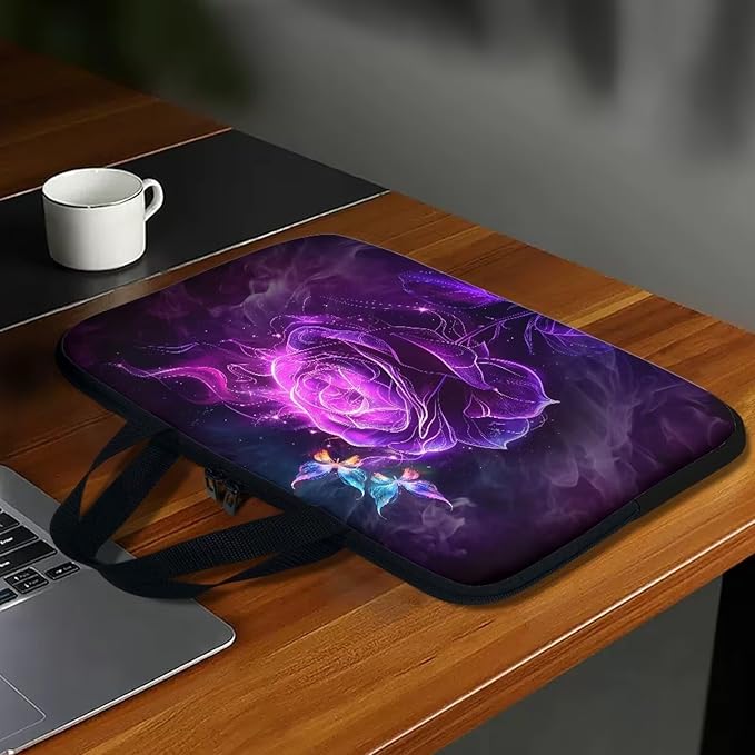 Purple Rose Butterfly Laptop Sleeve 13 Inch, Laptop Tote Bag for Women Girls, Waterproof Computer Tablet Handbag Case with Handle, Carrying Case Laptop Cover for Travel/Business/School