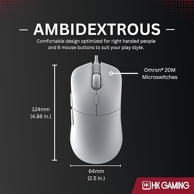 HK GAMING Mira XM1 Ultra Lightweight Gaming Mouse | 58 Grams | max 16000 cpi | 1kHz USB Wired | 6 Buttons | Anti Slip Grips (White)