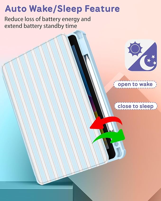 Uppuppy for iPad A16 Case for iPad 10th Generation Case 10.9 inch - 360 Degree Rotating Stand Folio Smart Cover with Pencil Holder for Women Girls, Blue & White Stripes for Apple 10th 2022/11th 2025