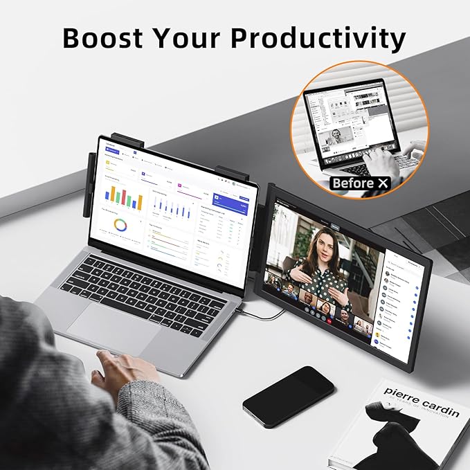 MAGICRAVEN Laptop Screen Extender, 14" 1080P Portable Monitor, Type-C HDMI Plug and Play for 13.3" - 16.1" Laptops, 270° Rotation Attachment Display for Windows/MacOS/Chrome Laptop Phone