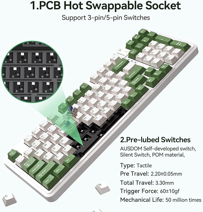 AUSDOM 98Pro Silent Mechanical Keyboard, Wireless Hot Swappable Gaming Keyboard with Backlit,Gasket Structure,Pre-lubed Tactile Switches,2.4GHz/Type-C/Bluetooth Custom Keyboards (Green & White-Silent)