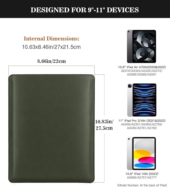 MoKo 9-11 Inch Tablet Sleeve, PU Leather Briefcase Slim Stylish Case Fits New 11-inch iPad Air M4 2026/iPad Pro M5, Air 5/4th 10.9, 10th Gen 10.9, 9/8. Gen 10.2, Tab S8/S9 11, Midnight Green