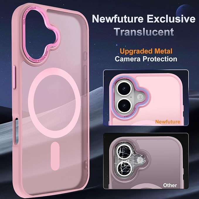 Newfuture Designed for iPhone 16 Case with Magnetic [13 FT Military Drop Protection] [Compatible with Magsafe] Slim Translucent Matte Shockproof with Anti-Fingerprint Phone Case, Tender Pink