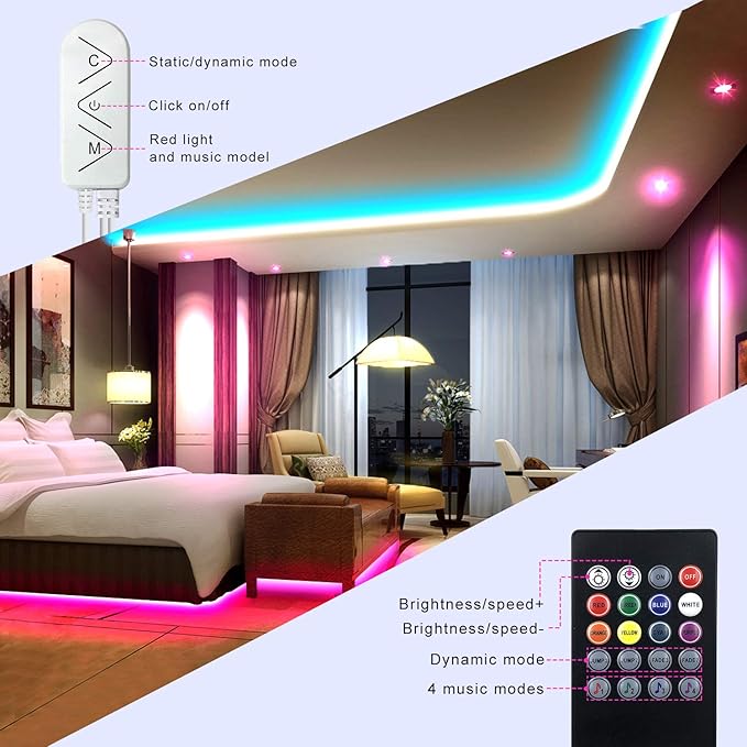 Micomlan 50ft/15M Led Strip Lights, Music Sync Color Changing RGB LED Strip Lights Built-in Mic, Bluetooth app Controlled Rope Lighting for Home Decoration Living Room Kitchen