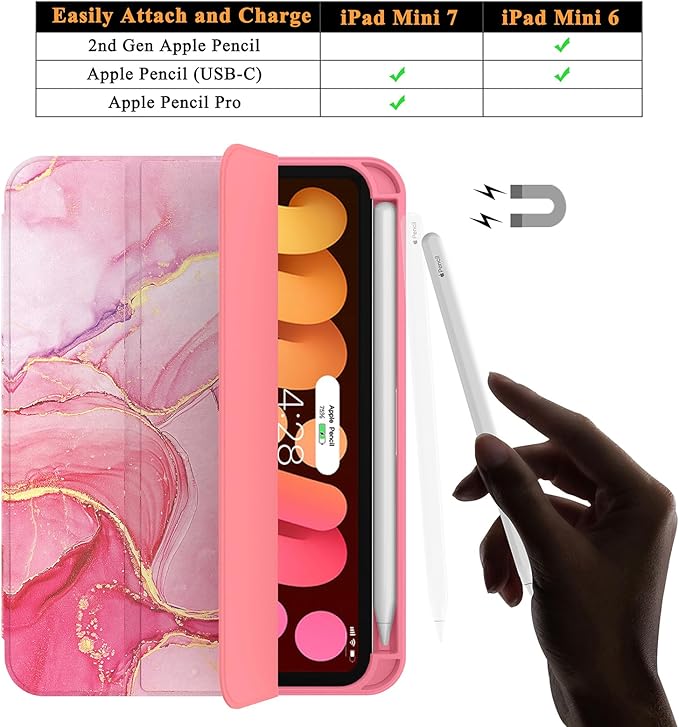 Soke Case for iPad mini 7(A17 Pro) 2024/iPad Mini 6 2021 8.3 inch with Pencil Holder-[Pencil Charging + Auto Wake/Sleep], Soft TPU Back Cover for iPad mini 7th/6th Generation(Watermelon Marble)