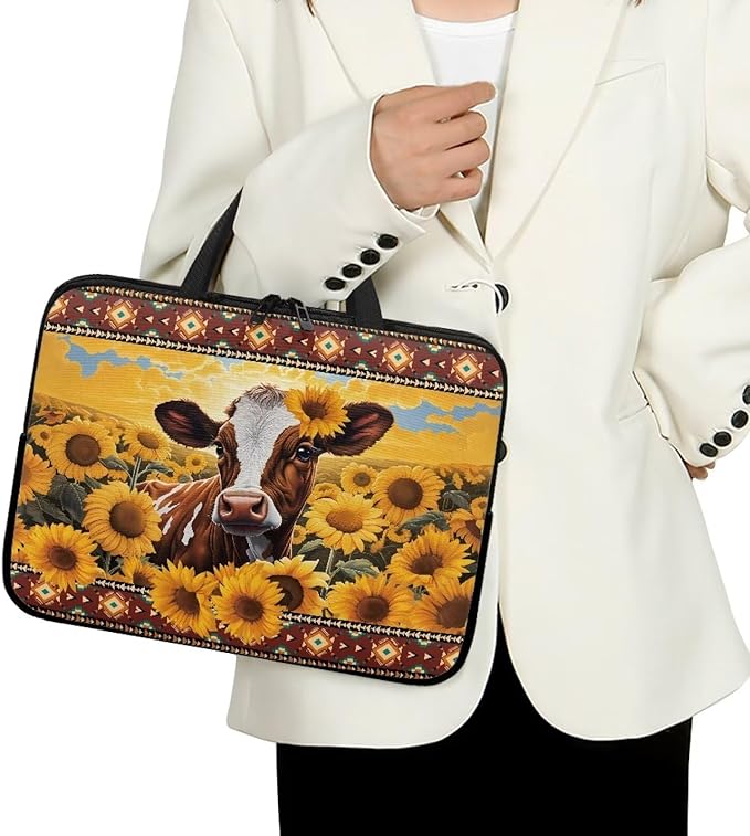 12 Inch Laptop Sleeve, Laptop Cover Computer Bag Tablet Carrying Case with Handle, Tribal Sunflower Cow Water-Repellent Tote Bags Notebook Sleeves Handbag Messenger Briefcase