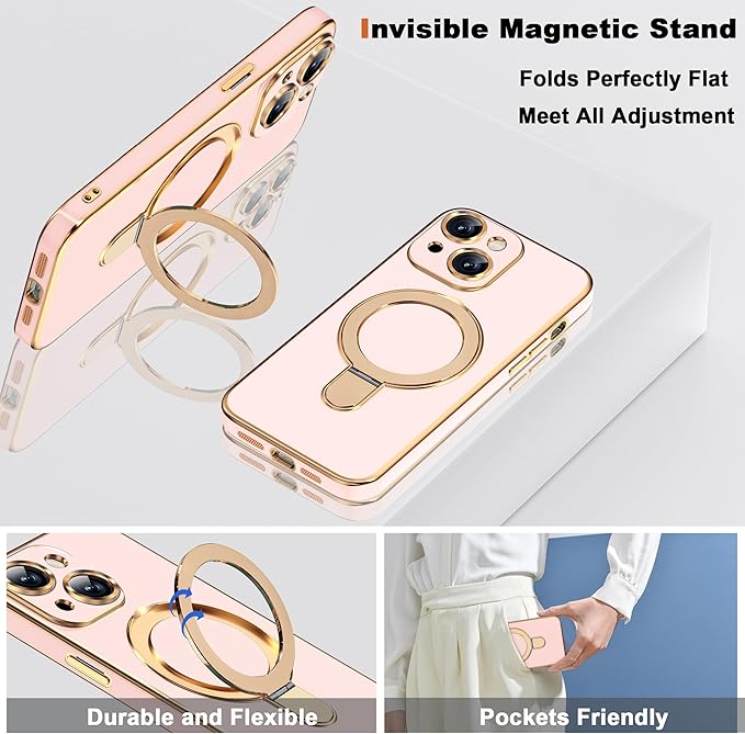 Compatible with iPhone 14 Plus Case with Magnetic Ring Stand [Compatible with Mag-Safe] [Full Camera Lens Protector] Soft Plating Phone Case for iPhone 14 Plus 6.7", Solid Pink