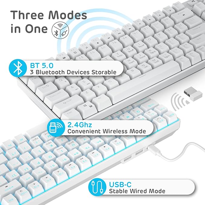 RK ROYAL KLUDGE RK96 90% 96 Keys BT5.0/2.4G/USB-C Hot Swappable Mechanical Keyboard, Wireless Mechanical Keyboard with Magnetic Wrist Rest, Blue Backlight (Blue Switch)