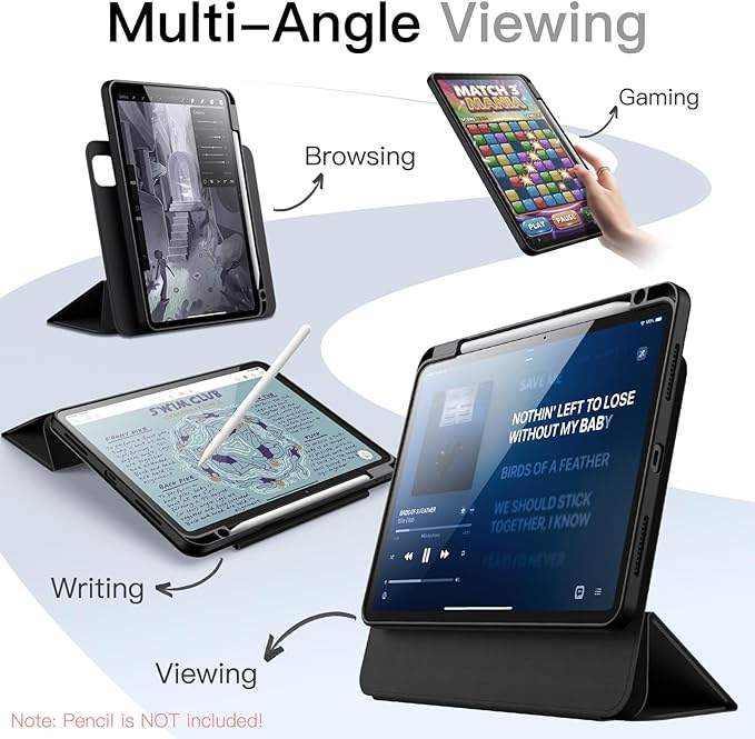 JETech Magnetic Detachable Case for iPad Pro 11-Inch M5/M4 (2025/2024) with Pencil Holder, Removable Rotating Clear Cover, Portrait/Landscape Stand with Raised Screen View (Black)
