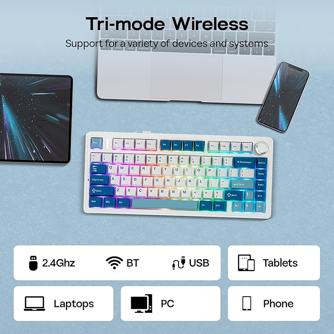 EPOMAKER x Aula F75 Ultra Wireless Gaming Keyboard with Knob, 10000mAh, Hot Swap, RGB, PBT Keycap, Creamy Sound, VIA, 75% Mechanical Keyboard for Win/Mac (Blue, Pink Mint)
