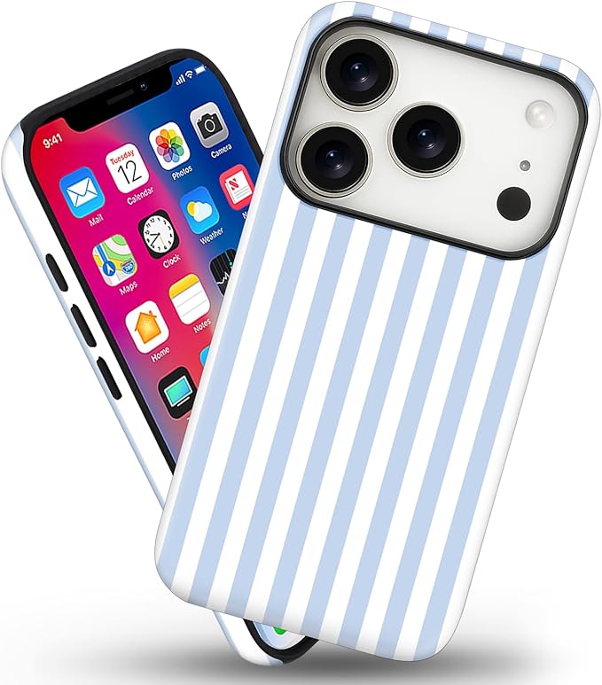 Magnetic for iPhone 17 Pro Max Case Cute Stripes Phone Case, Shockproof Slim TPU and Hard PC Protective Phone Cover Compatible with MagSafe Designed for Women Girls, Blue and White
