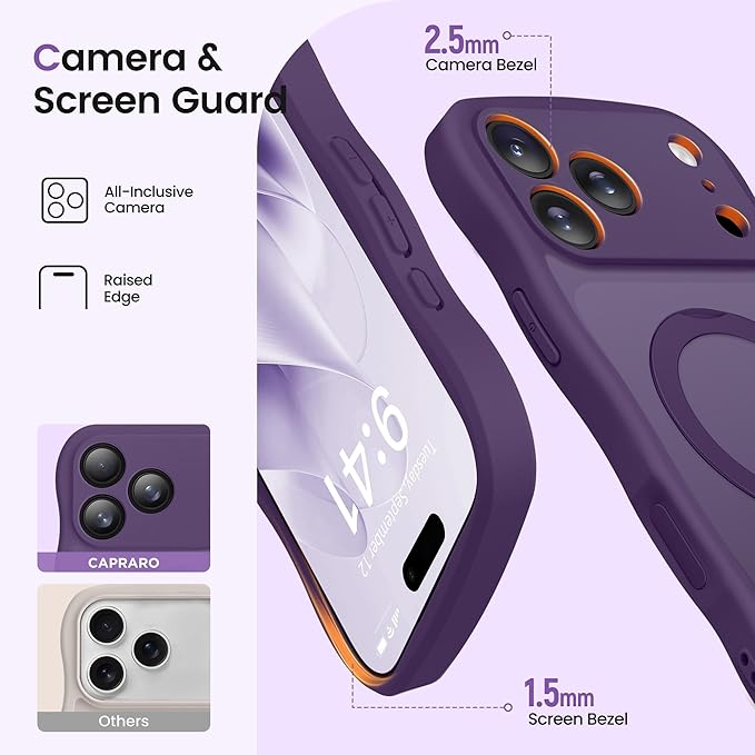 CAPRARO for iPhone 17 Pro Max Case with 360° Spin Magnetic Stand for Women, [Compatible with MagSafe] [Full Camera Protection] Cute Wave Translucent Matte Case for iPhone 17 Pro Max, Deep Purple