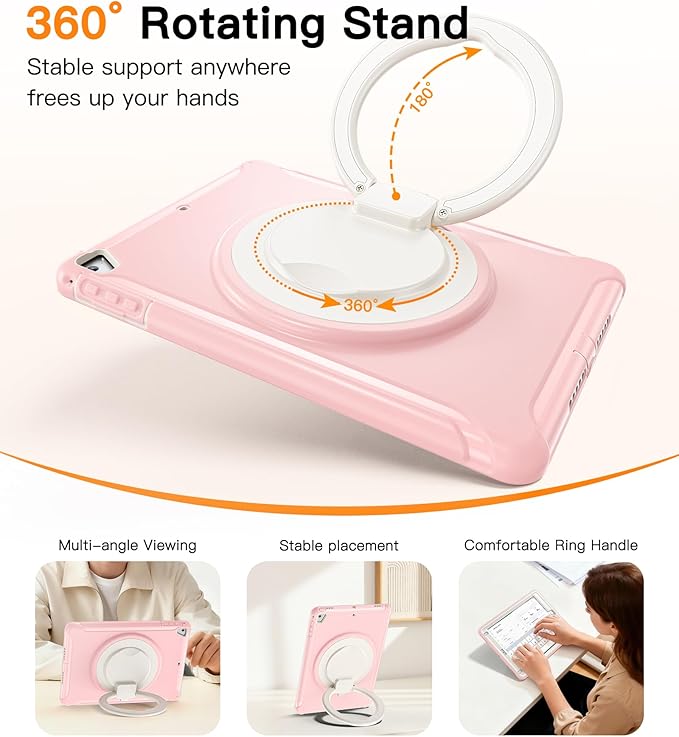 BATYUE Case for iPad 6th Generation 9.7 inch 2018, iPad 5th Gen 2017, iPad Air 2/ iPad Pro 9.7'',Shockproof Protective Cover with Pencil Holder &Rotating Kickstand,for Kids,Girls (Cheery Pink)