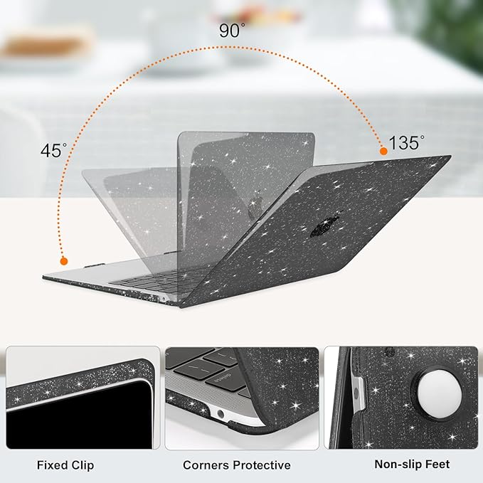 MOSISO Compatible with MacBook Air 13 inch Case 2022 2021 2020 2019 2018 A2337 M1 A2179 A1932, Glitter Plastic Hard Shell&Keyboard Cover&Screen Film&Storage Bag for MacBook Air 13 inch, Black