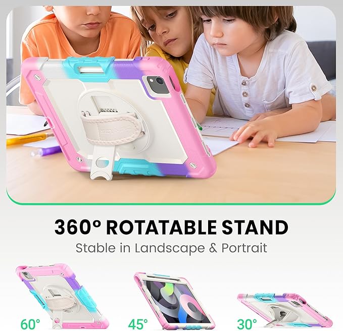 SEYMAC Case for iPad Air 5th/ 4th Generation 10.9", Full-Body Shockproof Protective Case with Screen Protector, Rotating Stand/Handle/Shoulder Strap/Pencil Holder for iPad Air 5/ Air 4, Colorful/Pink