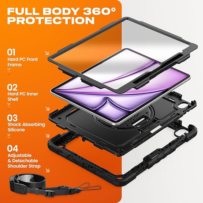 SEYMAC stock Case for iPad Air 13-inch M4-M2 2026-2024 (Gen 8-6), Shockproof Heavy Duty Case with Screen Protector, Pencil Holder, Rotating Stand, Hand Strap, Shoulder Strap, Black
