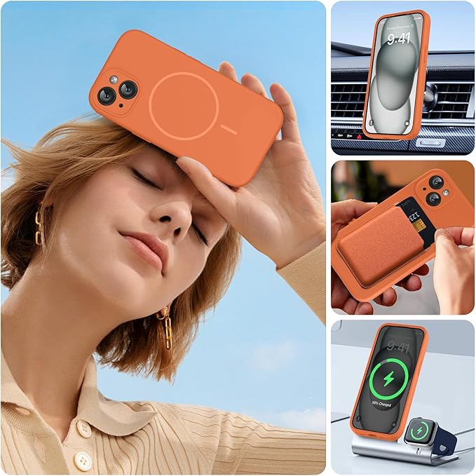 Miracase Magnetic for iPhone 15 Case, [Soft Anti-Scratch Microfiber Lining], Compatible with MagSafe, Liquid Silicone Case Shockproof Drop Protection Phone Case for 15,Orange