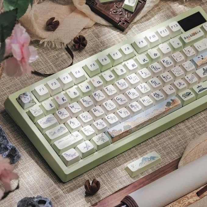 PBT Keycaps-Green Aesthetic Custom Cherry Keycaps,118 Keys Dye Sub Chinese Ancientry Theme Custom Key Caps Keyboard Keycap Set for 100%, 75%, 65%, 60% Mechanical Keyboard