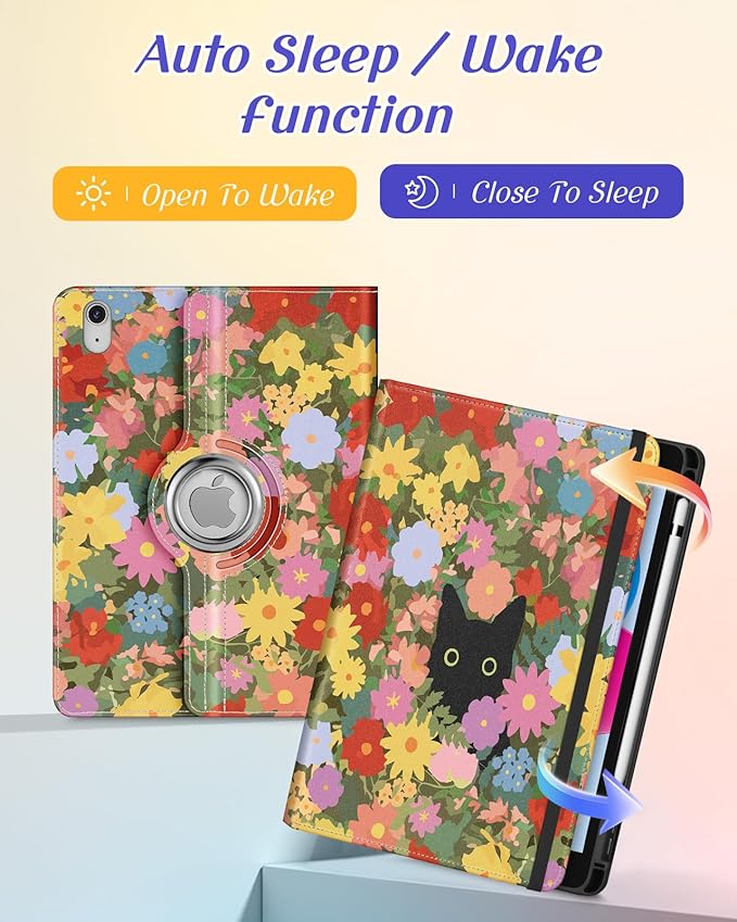 Kidcube for iPad 10th Generation Case 2022, for iPad (A16) Case 11th Generation 2025 - Women Girls Cute Rotating Stand Folio Cover with Pencil Holder & Card Slot Girly Kawaii Cat Flower Design Cases