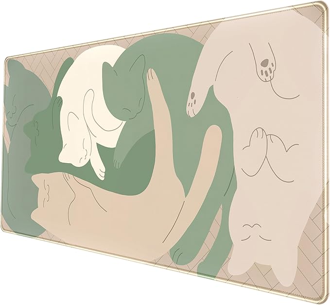 Cute Sleeping Cats Desk Mat Matcha Green Desk Pad, Minimalist Boho Mouse Pad XXL, Cream Tan Gaming Deskmat, Large Kawaii Keyboard Mat, Fun Office Decor Desk Accessories for Women 31.5"x15.75"