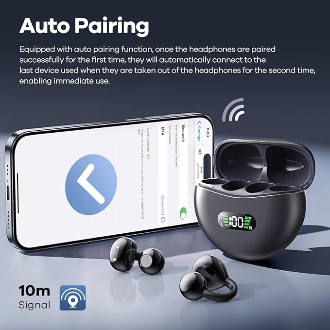 Wireless Earbuds Open Ear Clip On Headphones with LED Digital Display Charging Case Touch Control Bluetooth 5.4 Air Conduction Sport Earphones for Running Fitness, Dark Grey