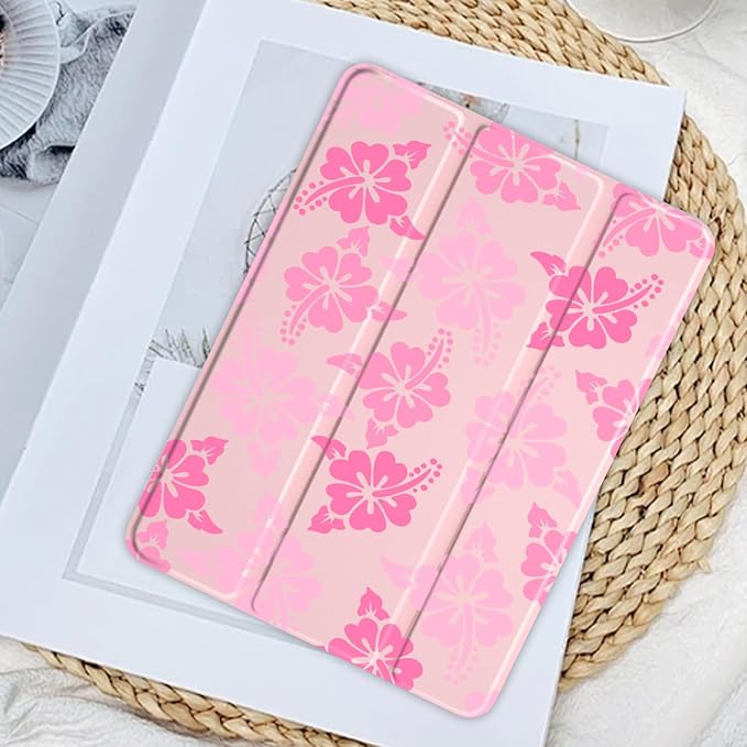 JOYLAND Pink Hibiscus Flower Pattern Case for iPad Air 11 Inch M3(2025) / M2(2024), iPad Air 5th(2022) / 4th (2020) Gen 10.9 Inch, Clear Hard Back Case with Pencil Holder Trifold Stand Tablet Cover