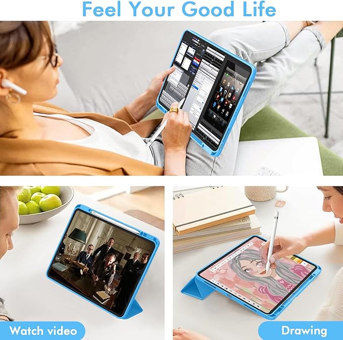 ZryXal New iPad Air 13 Inch Case M3 2025/M2 2024 with Pencil Holder, Trifold Stand Smart Case with Soft TPU Back,Auto Wake/Sleep(Ocean Blue)