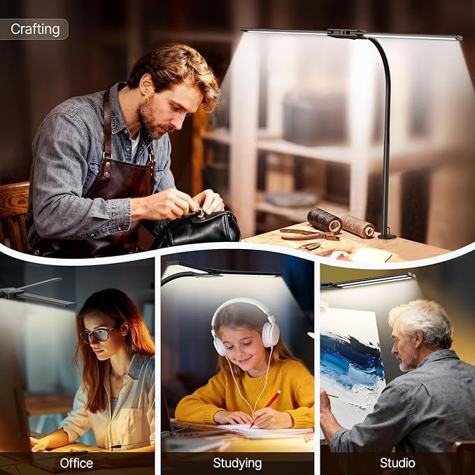 Syrinx LED Desk Lamp for Office Home, Dual Head Eye-Care Architect Table Lamp, Gesture/Wired Control, Flexible Neck, Bright Desk Light with Memory/Timer, 50 Lighting Modes for Study, Reading, Drafting