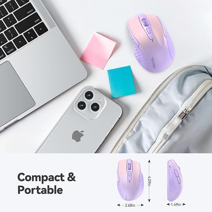 TECKNET Wireless Mouse, 2.4G Ergonomic Optical Mouse, Computer Mouse for Laptop, PC, Computer, Chromebook, Notebook, 6 Buttons, 24 Months Battery Life, 2600 DPI, 5 Adjustment Levels, Gradient Lavender