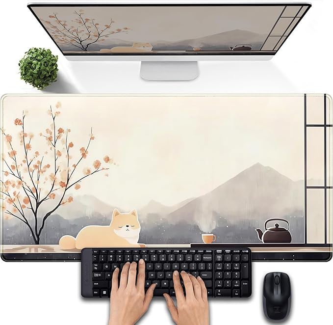Japan Zen Desk Pad Extended Mouse Mat Cute Shiba Desk Mat, Large Anime Gaming Mouse Pad Full Desktop Keyboard Mat, Kawaii Computer Mat XXL, Japanese-Style Desk Decor for Office Home 31.5x15.7 Inch