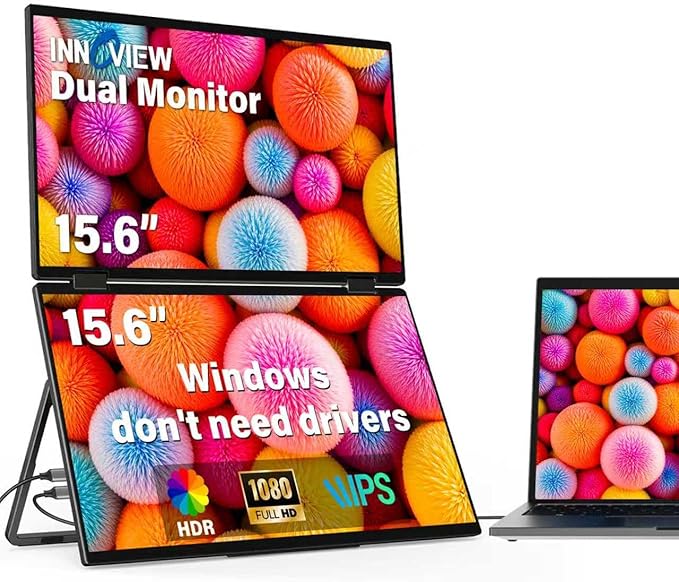 InnoView Dual Portable Monitor 15.6" 1920x1080 Dual Stacked Foldable Monitor | 315° Screen Adjustment | USB-C/HDMI Dual Screen Monitor for Laptop, Mac, Windows