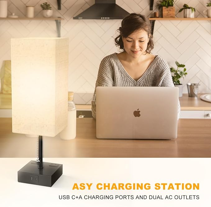 YIDPU Table Lamp for Bedroom with USB,Bedside Lamp with USB C+A Charging Ports,Adjustable 3color LED Light for Home Decor/Nightstand/Office,Included Bulb and Fabric Lamp Shade (Linen White, 2PCS)