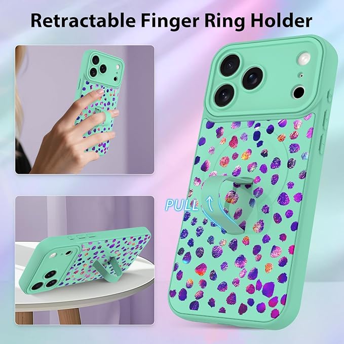 KANGHAR Compatible with iPhone 17 Pro Case, Support for MagSafe, Silicone Cute Iridescent Pattern Leopard Print Cheetah, Wristband Kickstand Shockproof Soft Slim Cover for Girls Women, Green