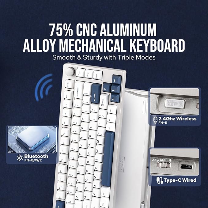 EPOMAKER P75 Wireless Aluminum Mechanical Keyboard, BT 5.0/2.4GHz/USB-C Hot Swappable Custom Keyboard, Gasket Structure, RGB Backlit, for PC/Tablet/PS/Xbox (Silver, Wisteria Linear Switch)