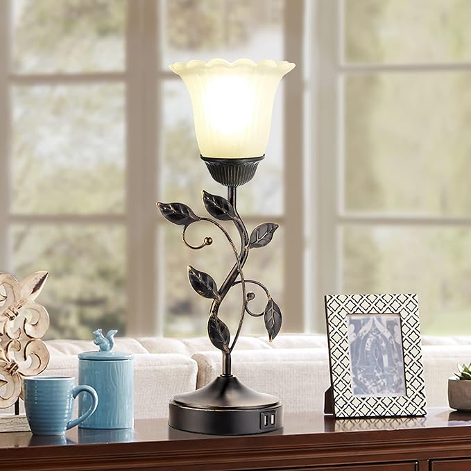 Touch Bedside Lamp with 2 USB Charging Ports, 3-Way Dimmable Nightstand Lamps, White Glass Shade Vintage Rural Leaf Lamp for Living Room Tabletop Bedroom Side Table, LED Bulb Included