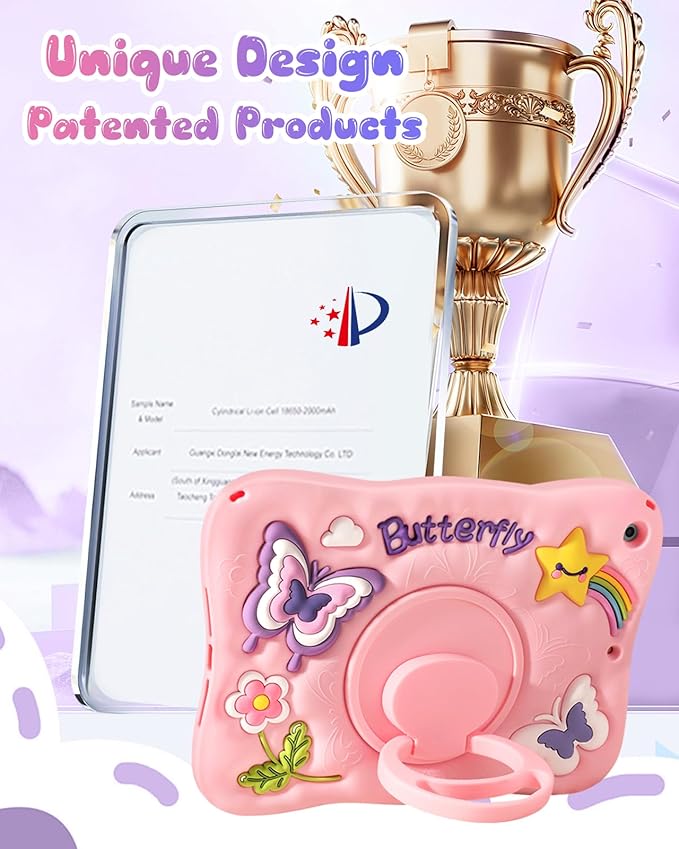 Kidcube for iPad 9th/8th/7th Generation Case 10.2 Inch - for Girls Cute Girly Kawaii 3D Butterfly Design Cover with Rotating Stand & Strap Unique Silicone Teens Women for iPad 9th/8th/7th Gen Case