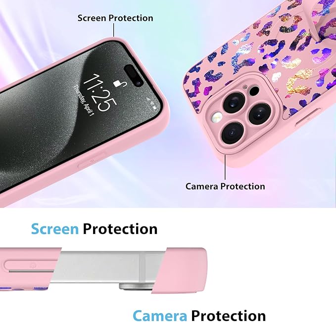 KANGHAR Compatible with iPhone 15 Pro Case, Support for MagSafe, Silicone Cute Iridescent Leopard Cheetah Pattern, Wristband Kickstand Shockproof Protective Slim Cover for Women Girls, Pink