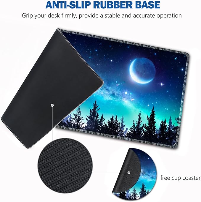 AIMSA Large Gaming Mouse Pad Extended Mouse Pad with Stitched Edge, Keyboard Mouse Mat Non-Slip Rubber Base Desk Pad 31.5x11.8 inch for Office Home Game Work, Forest Moon Sky