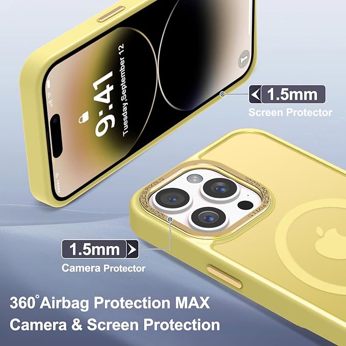 Newfuture Designed for iPhone 14 Pro Max Case with Magnetic [13 FT Military Drop Protection] [Compatible with Magsafe] Slim Translucent Matte Shockproof with Anti-Fingerprint Phone Case, Yellow