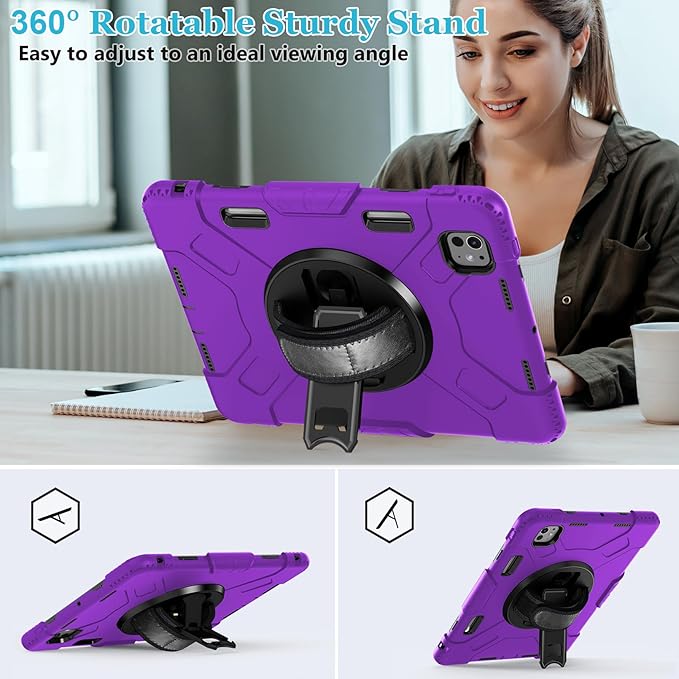 Case for iPad Pro 11 M5 2025/ M4 2024: Protective Cover for iPad Pro 11 Inch 5th Generation with Screen Protector- Stand- Handle- Shoulder Strap- Pencil Holder-Black+Purple