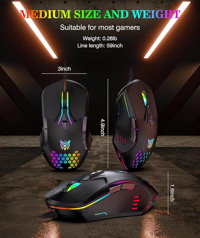 Wired PC Gaming Mouse: High Precision Sensor,RGB Backlit, Adjustable DPI, 7 Buttons Programmable,Ergonomic mice for Office & Gaming on Windows/Mac/Linux/Chrome-Black