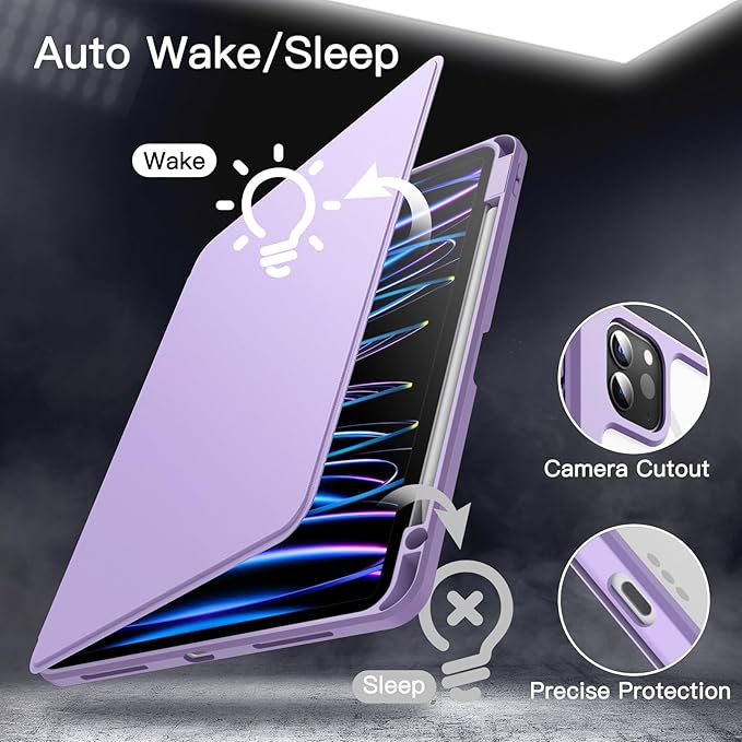 JETech Rotating Case for iPad Pro 11-Inch 2022/2021(4th/3rd gen) with Pencil Holder, 360 Degree Rotation Protective Stand Cover Clear Back, Auto Wake/Sleep (Light Purple)