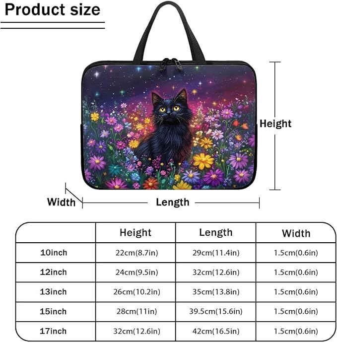 Galaxy Floral Laptop Handle Bag for Women 15 Inch Computer Protect Case Pouch Holder Black Cat Notebook Sleeve Neoprene Cover Soft Carrying Travel for 10-17 Inch Chromebook