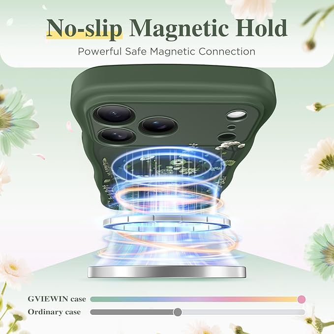 GVIEWIN for iPhone 17 Pro Case Compatible with MagSafe [Curly Wave Edge][Full Camera Protection]Floral Translucent Shockproof Magnetic Women Phone Case for iPhone 17 Pro 6.3'', Floratopia/Forest Green