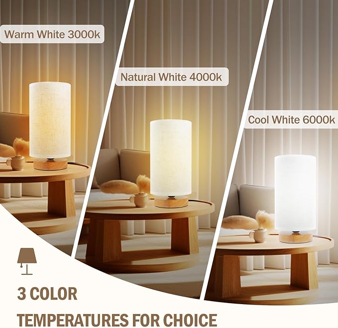 Minimalist Bedside Table Lamps for Bedrooms Set of 2, 3 Color Temperature Bedside Lamps with Round Fabric Linen Shade,Small Desk Lamp Night Nightstand Lamp Set for Living Room, Reading ,Office