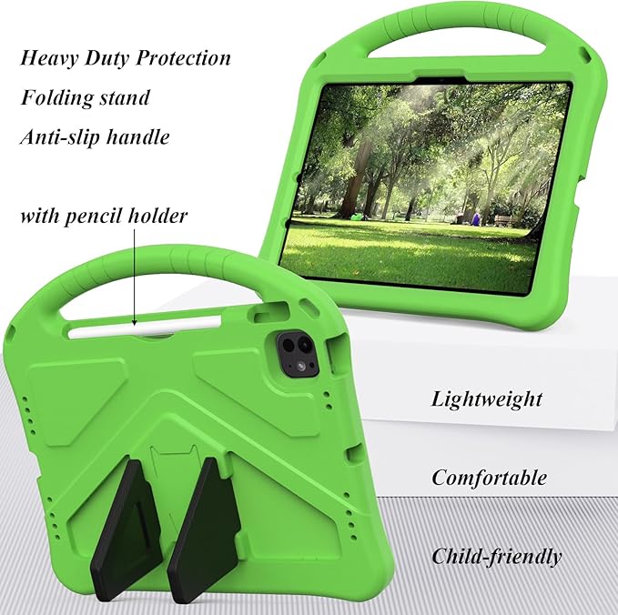 Kids Case for iPad Pro 11-Inch 2022/2021/2020/2018 (4th/3rd/2nd/1st Generation) & iPad Air 5th/4th Gen Case 2022/2020 10.9" with Kickstand/Handle/Pencil Holder Stand Girl Boy Cover, Green
